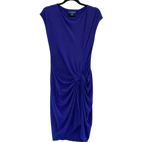 Lauren Ralph Lauren Cap Sleeve Boat Neck Draped Skirt Purple Jersey Dress Size 4 - Picture 4 of 7